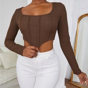 Knit long sleeve crop top, brown, size 2